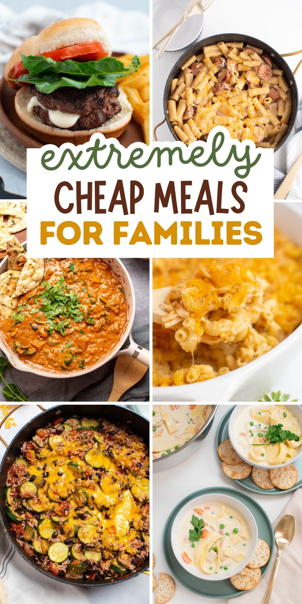 Pinterest graphic with text and a collage of cheap meals for family dinner.