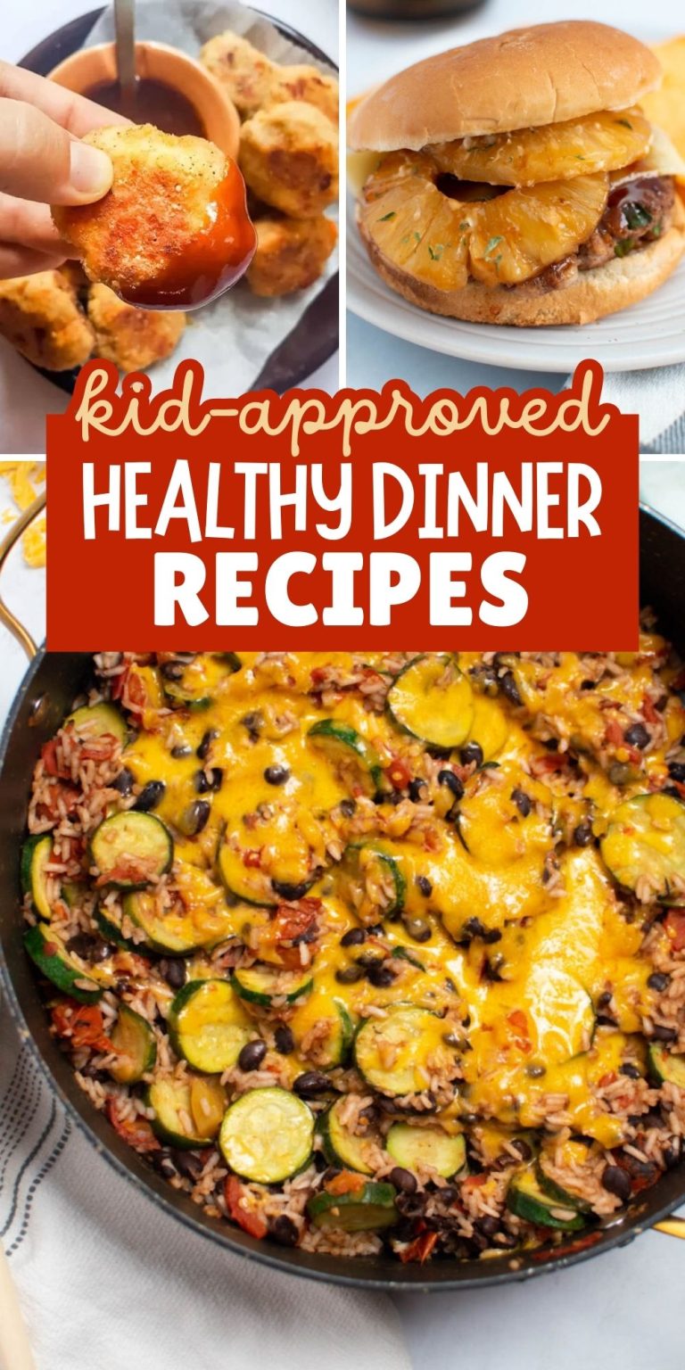 Pinterest graphic with text and a collage of healthy kid-friendly dinners.