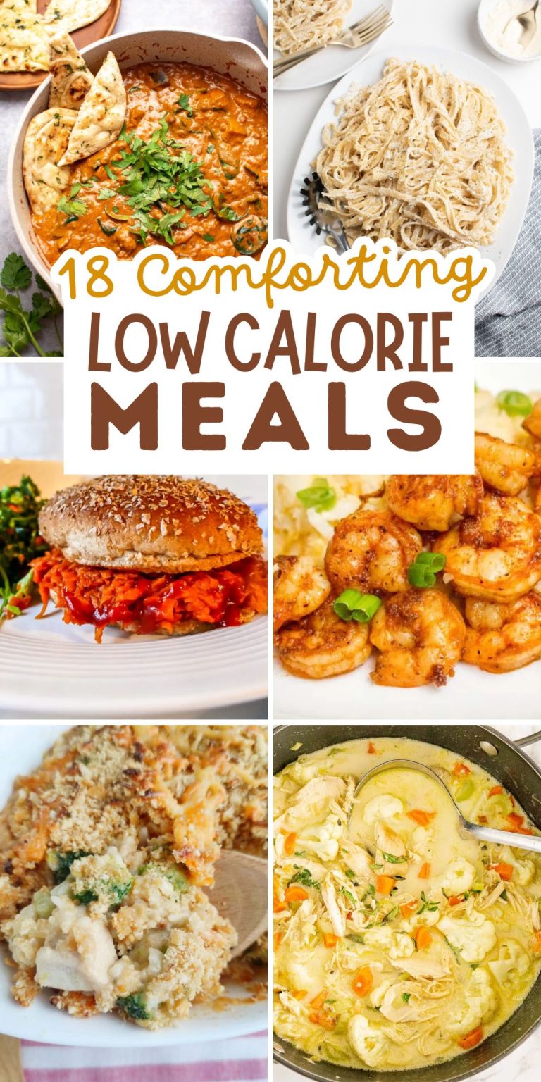 Pinterest graphic with text and a collage of low calorie comfort foods.