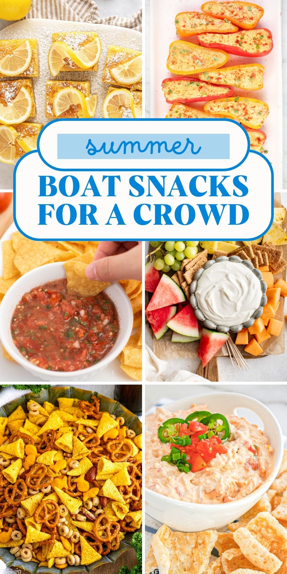 Pinterest graphic with text and a collage boat snacks for summer.