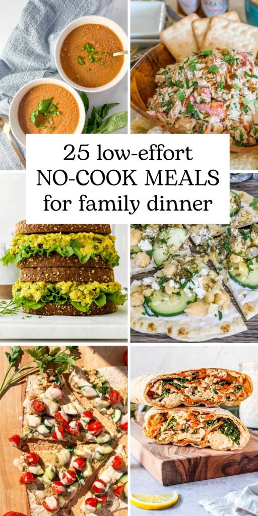 Pinterest graphic with text and a collage of no-cook meals for summer dinner.
