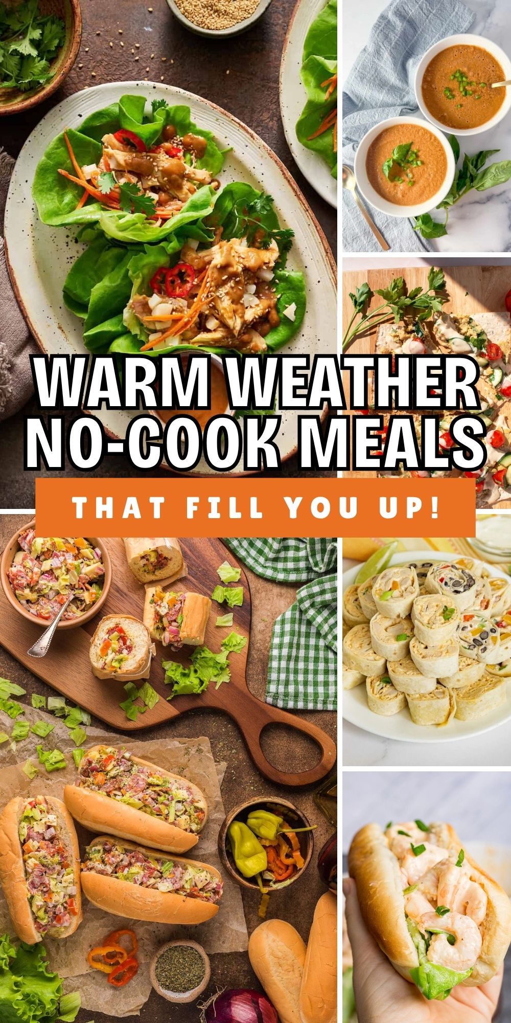 Pinterest graphic with text and a collage of no-cook meals for summer dinner.