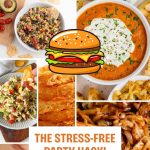 Pinterest graphic with text and a collage of burger bar ideas.