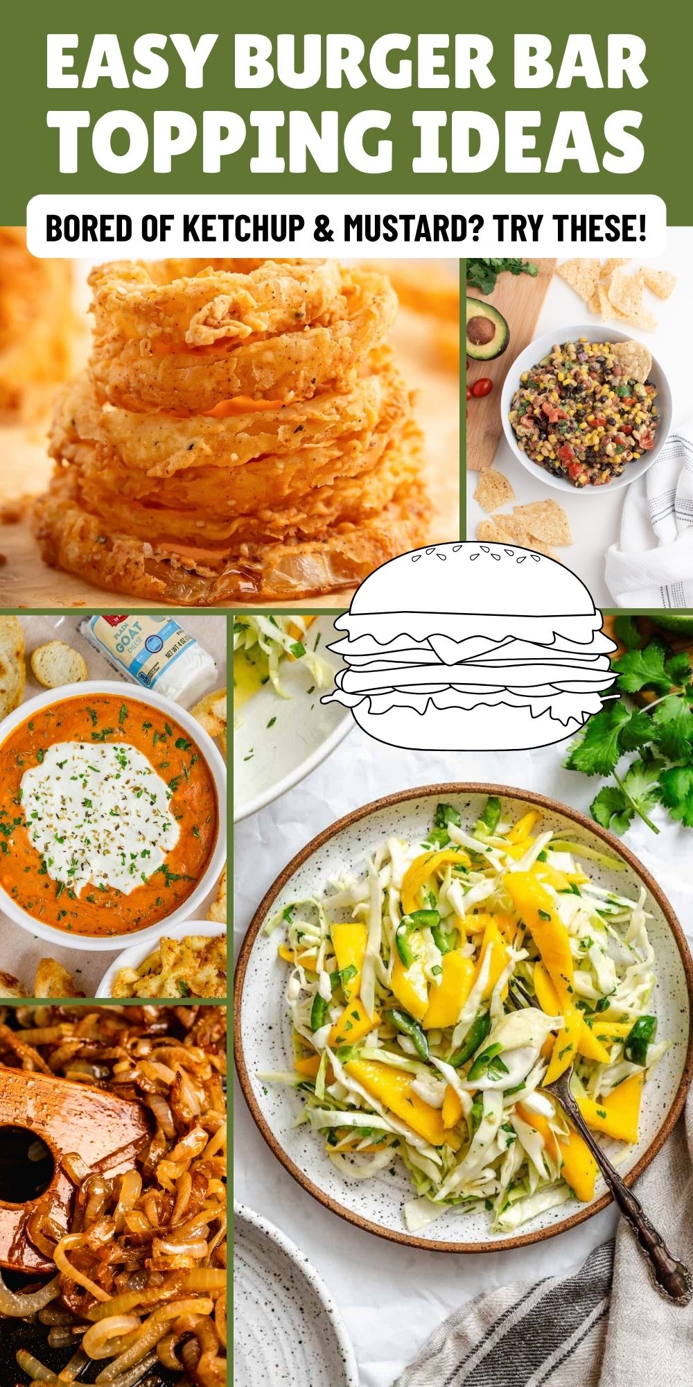 Pinterest graphic with text and a collage of burger bar ideas.