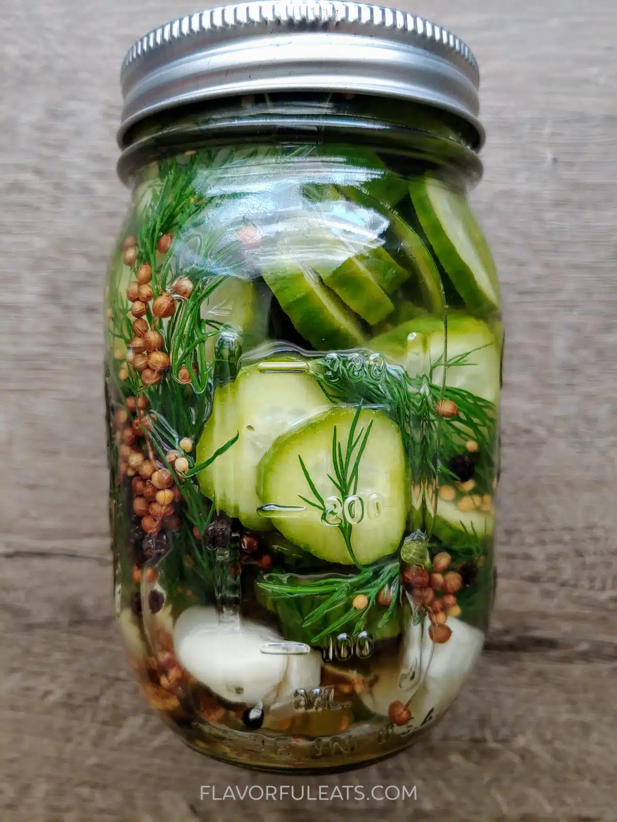 A jar of homemade garlic pickles with dill.