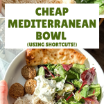 Pinterest graphic with photo collage and text overlay that reads "cheap mediterranean bowl"