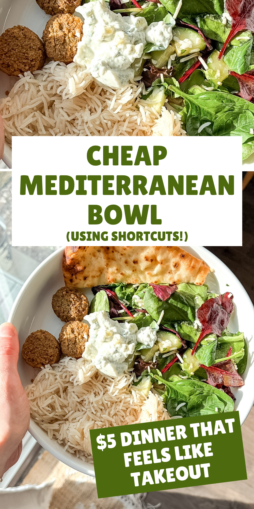 Pinterest graphic with photo collage and text overlay that reads "cheap mediterranean bowl"