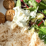 Photo of Mediterranean bowl with text overlay that reads "lazy girl dinner that feels fancy."