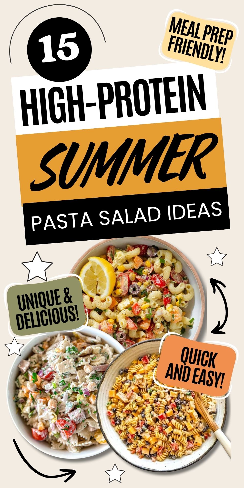 Pinterest graphic with text for high protein pasta salad recipes with coordinating image(s).