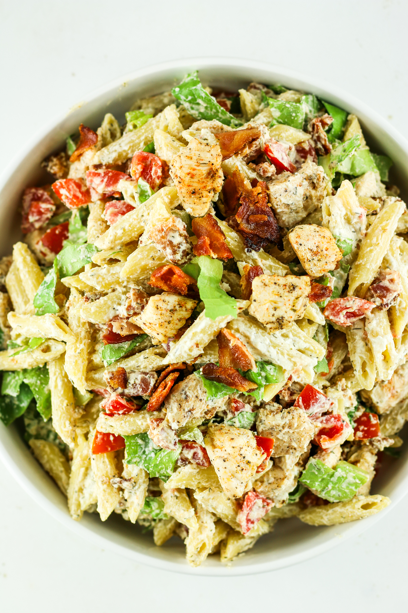 Cottage cheese ranch pasta salad in a large serving bowl.