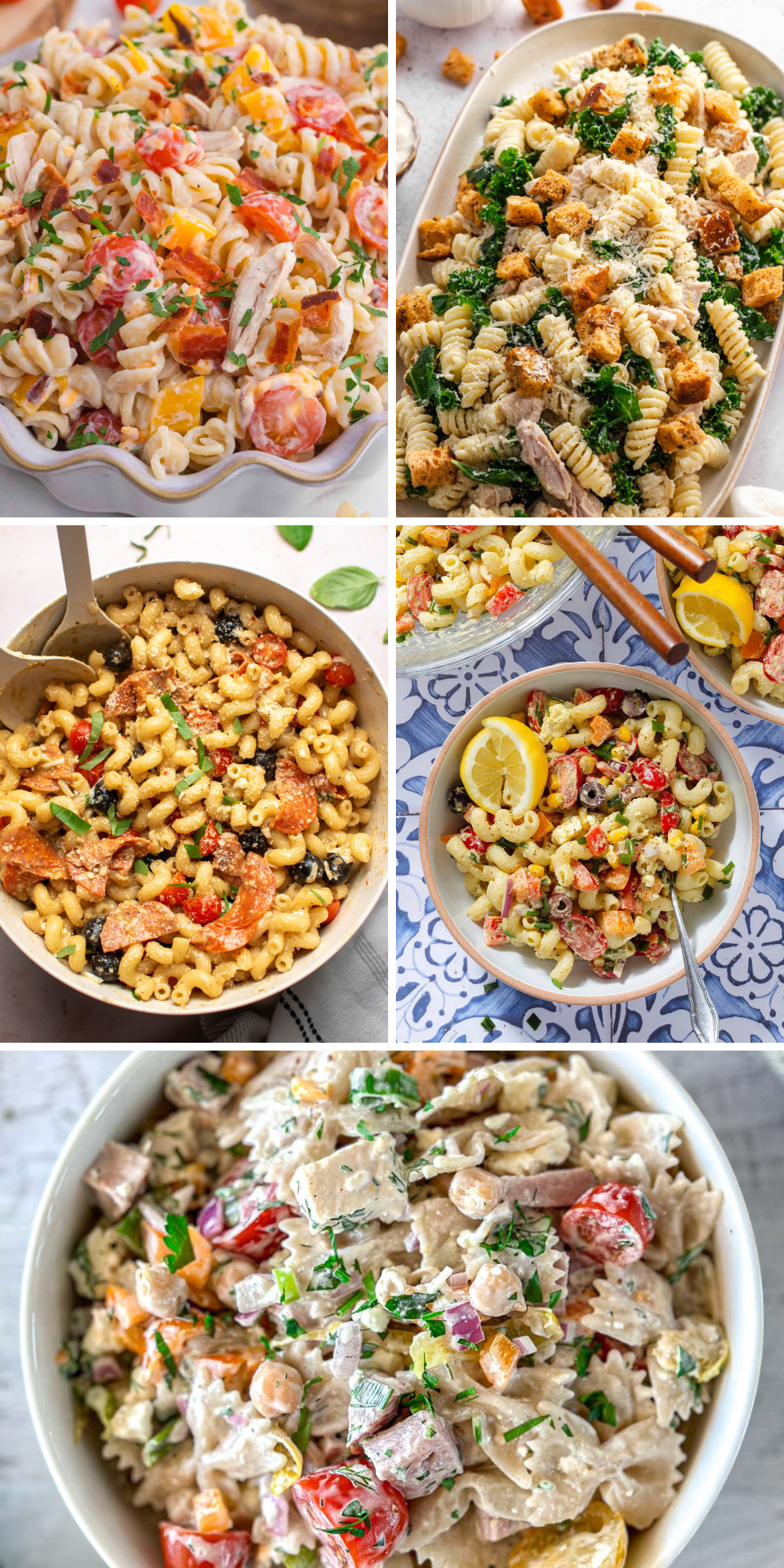 Collage of different high protein pasta salads.