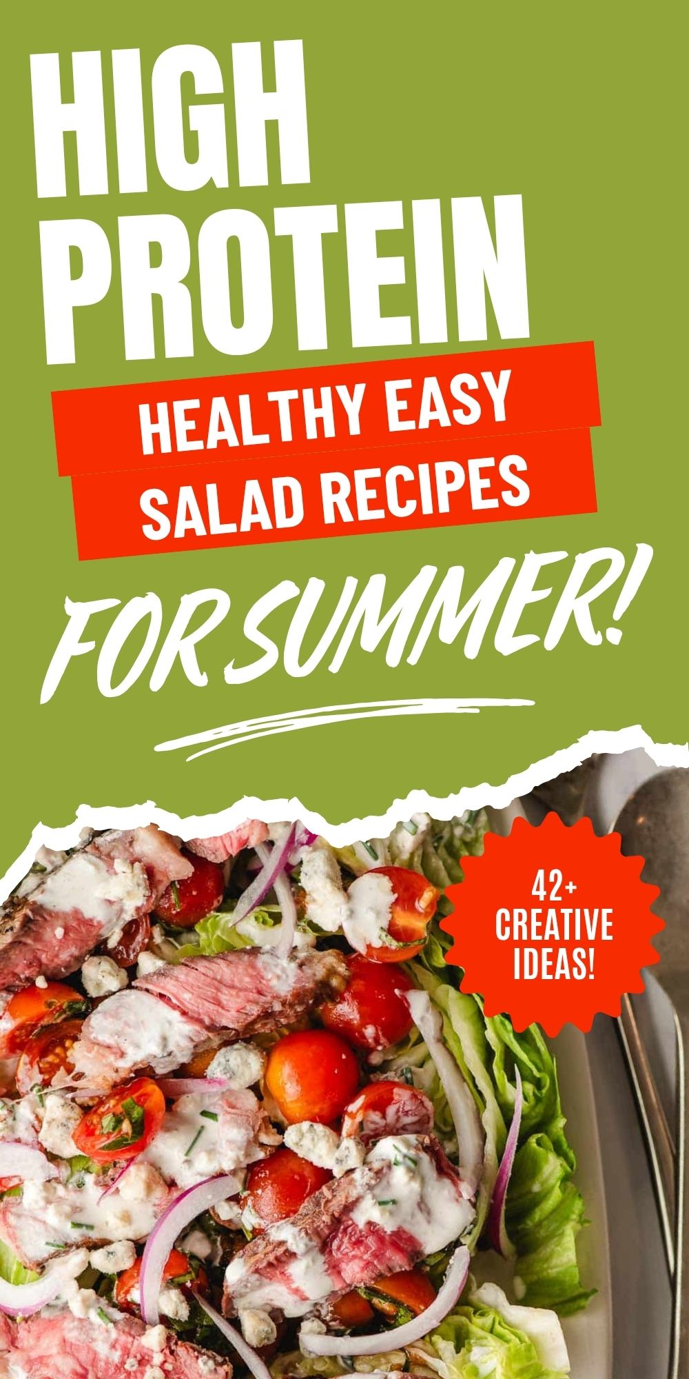 Pinterest graphic with text for high protein salads with corresponding images.