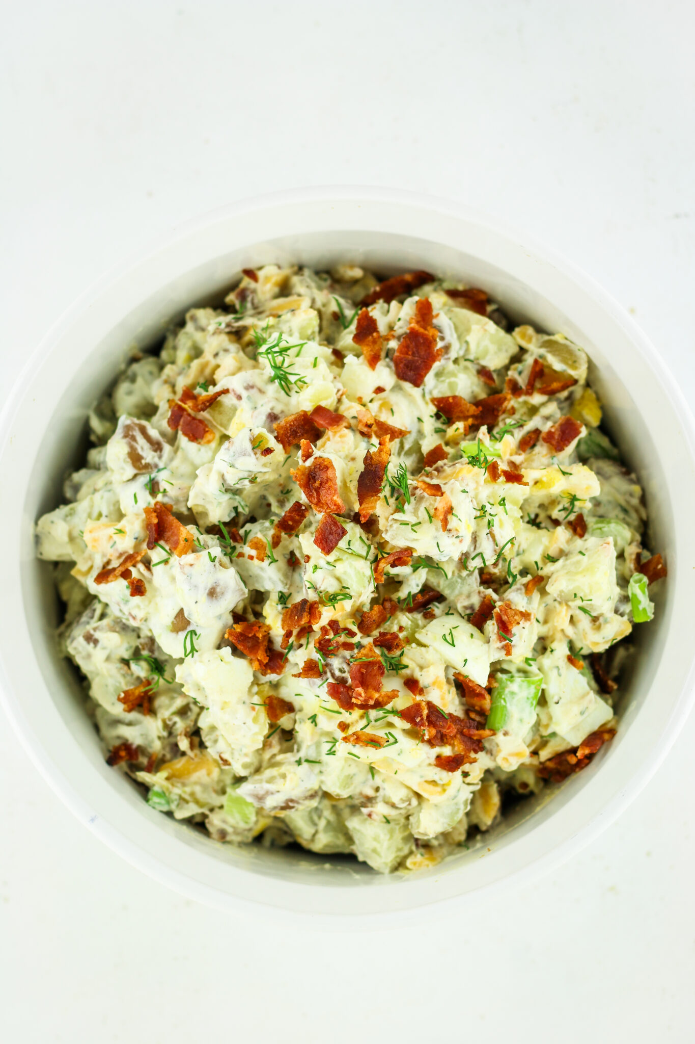 Creamy potato, cottage cheese, and bacon BBQ side dish recipe.