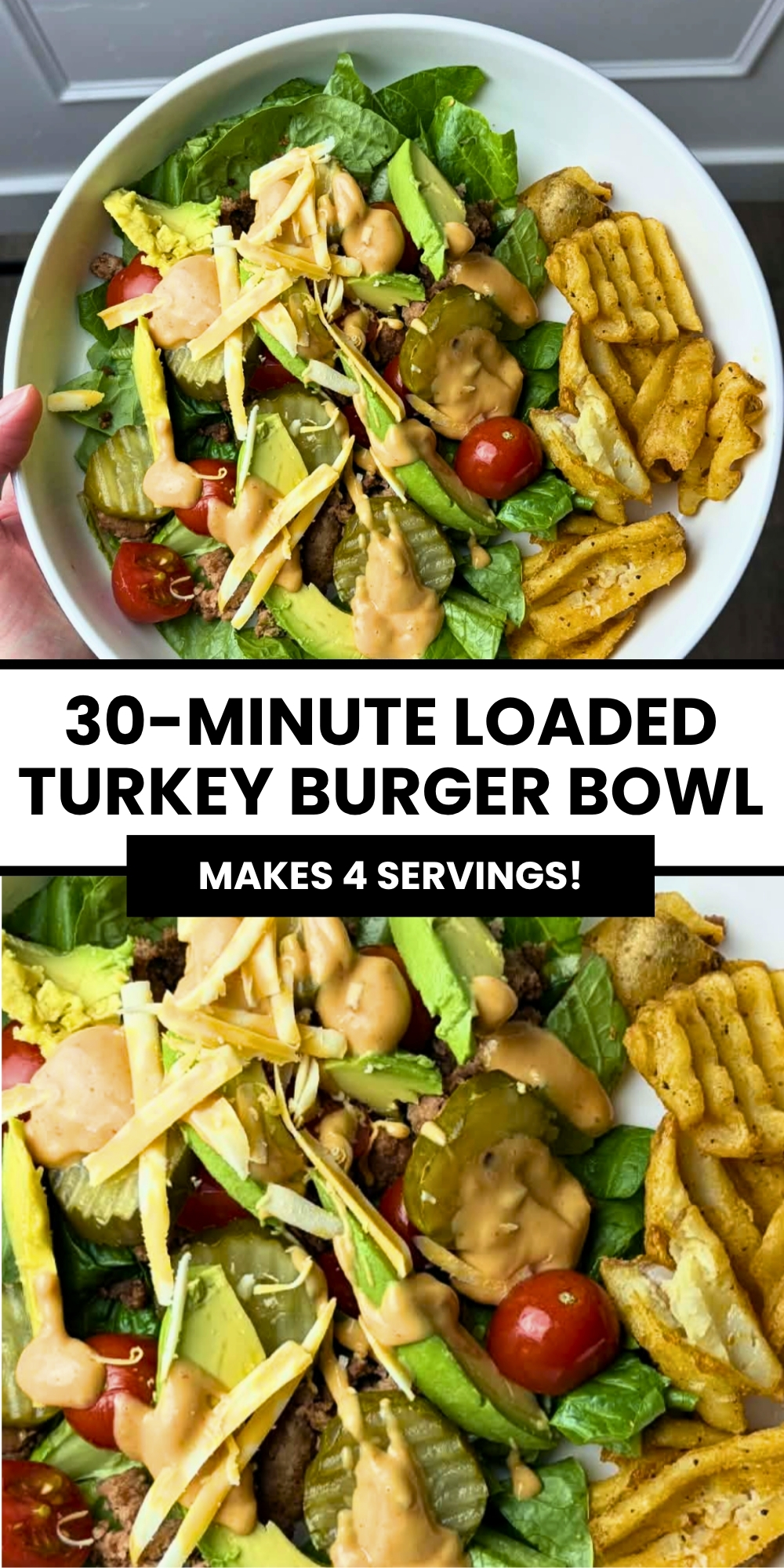 Pinterest graphic with text for a turkey burger bowl with pickles, tomatoes, cheese, and special sauce.