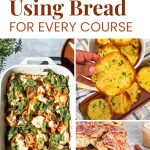 Pinterest graphic with text and a collage/image of cozy recipes with bread like bread pudding, garlic bread, and bread casseroles.