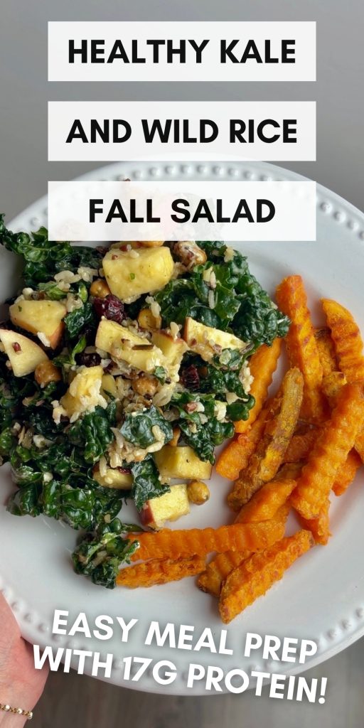 Pinterest graphic with text for an apple, feta, kale and wild rice salad with sweet potato fries.