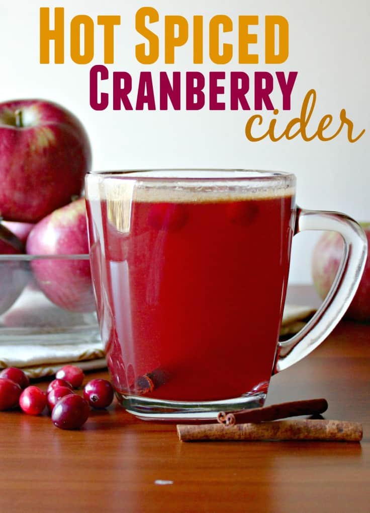 Cranberry cider in a clear mug with apples and cranberries surrounding the cup.