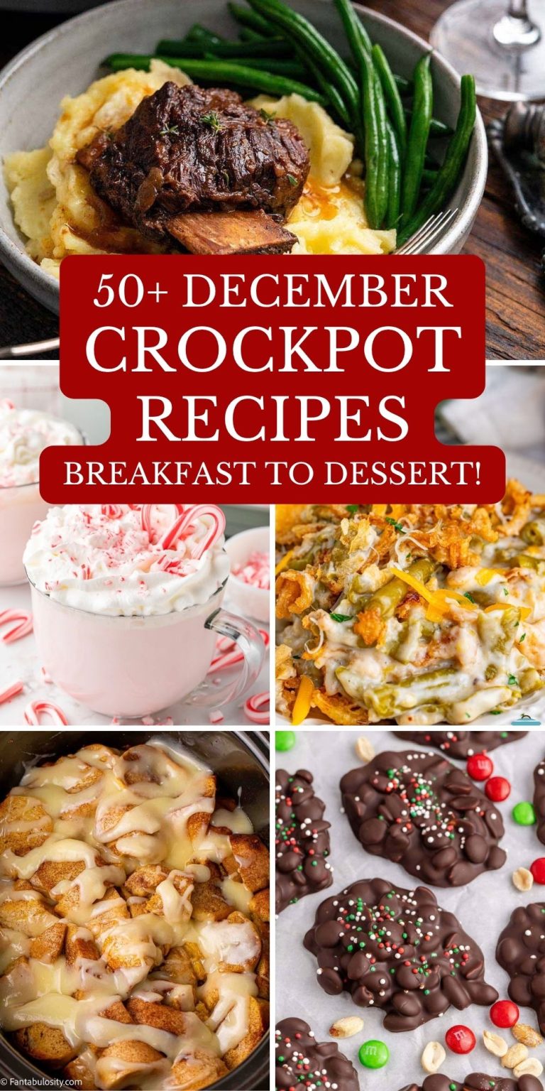 Pinterest graphic with text and a collage of December crockpot recipes.