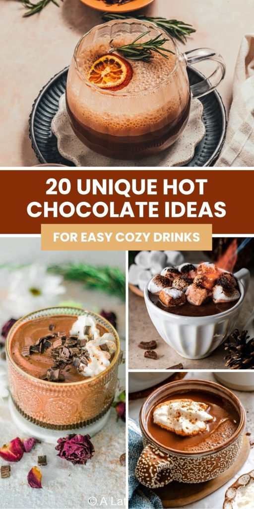 Pinterest graphic and image collage with unique hot chocolate recipes.