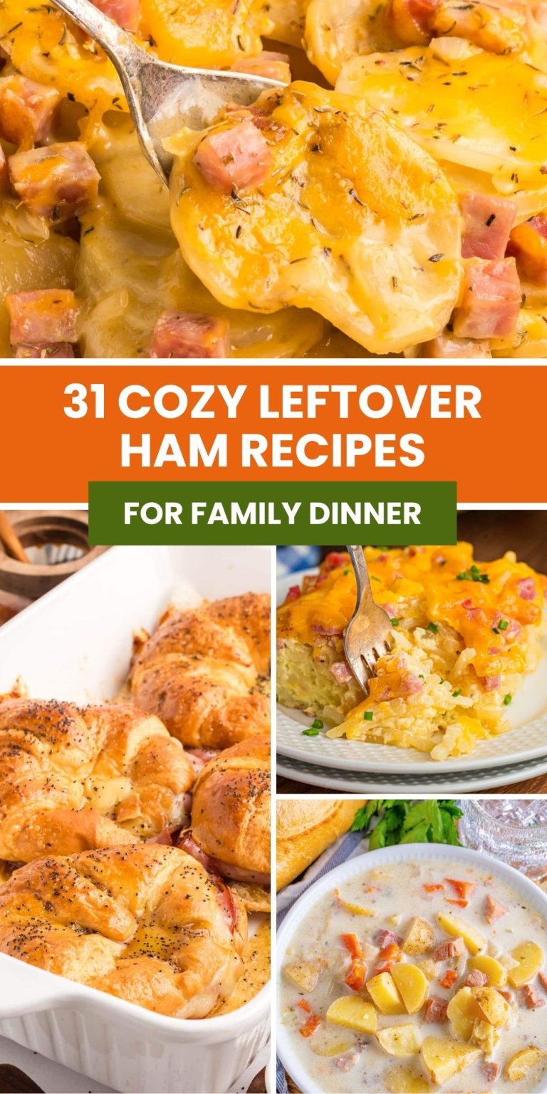 Pinterest graphic with text and a collage of leftover ham recipes.
