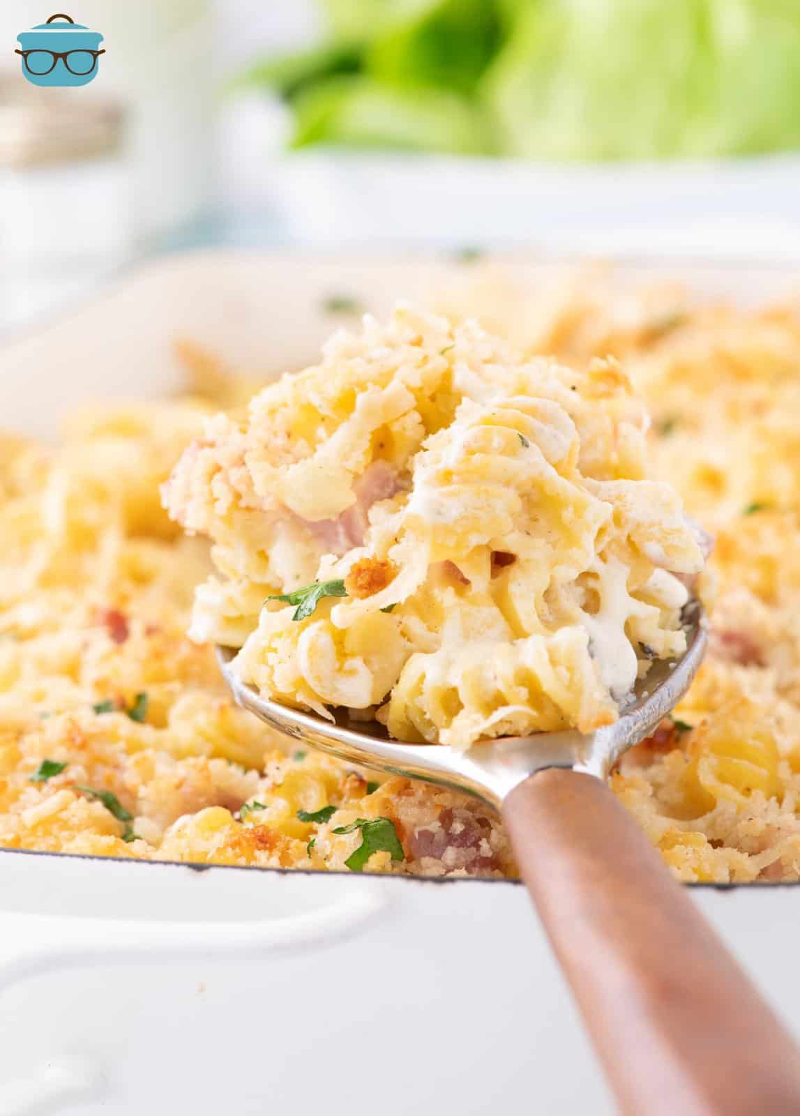 Creamy pasta with ham in a white casserole dish and on a serving spoon.