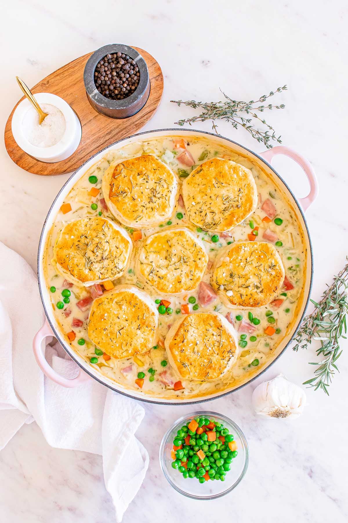 Leftover ham pot pie in a large Dutch oven pot.