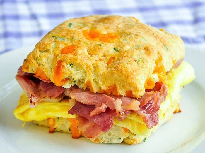 Ham and egg biscuit breakfast sandwiches.