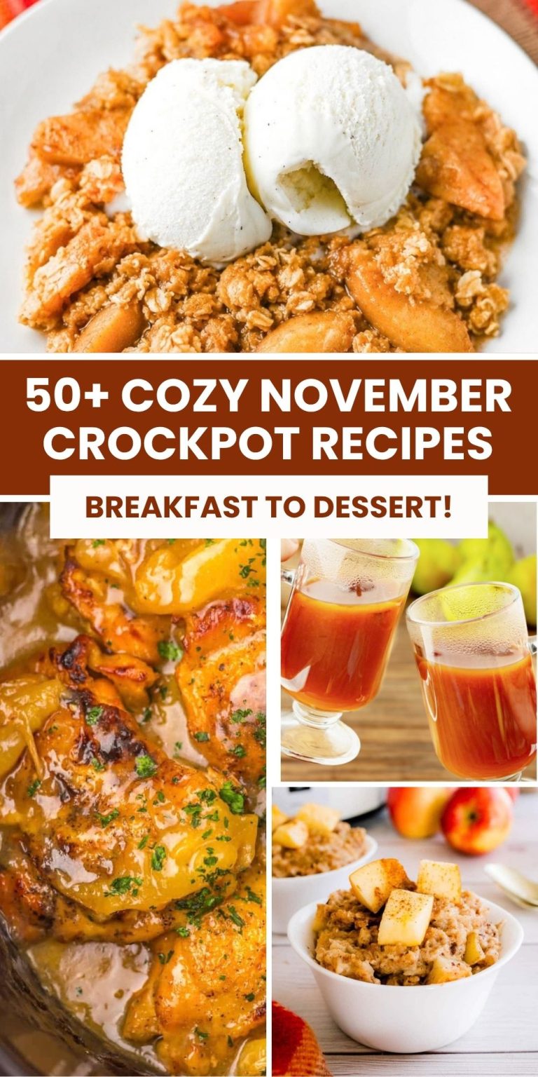 Pinterest graphic with text and a collage of November crockpot recipes.