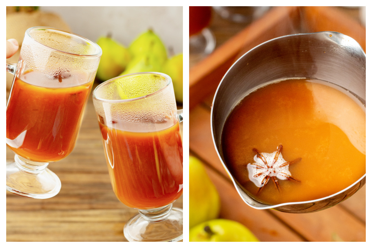 Split image collage with two clinking clear mugs of pear apple cider and a metal bowl with pair apple cider in it.